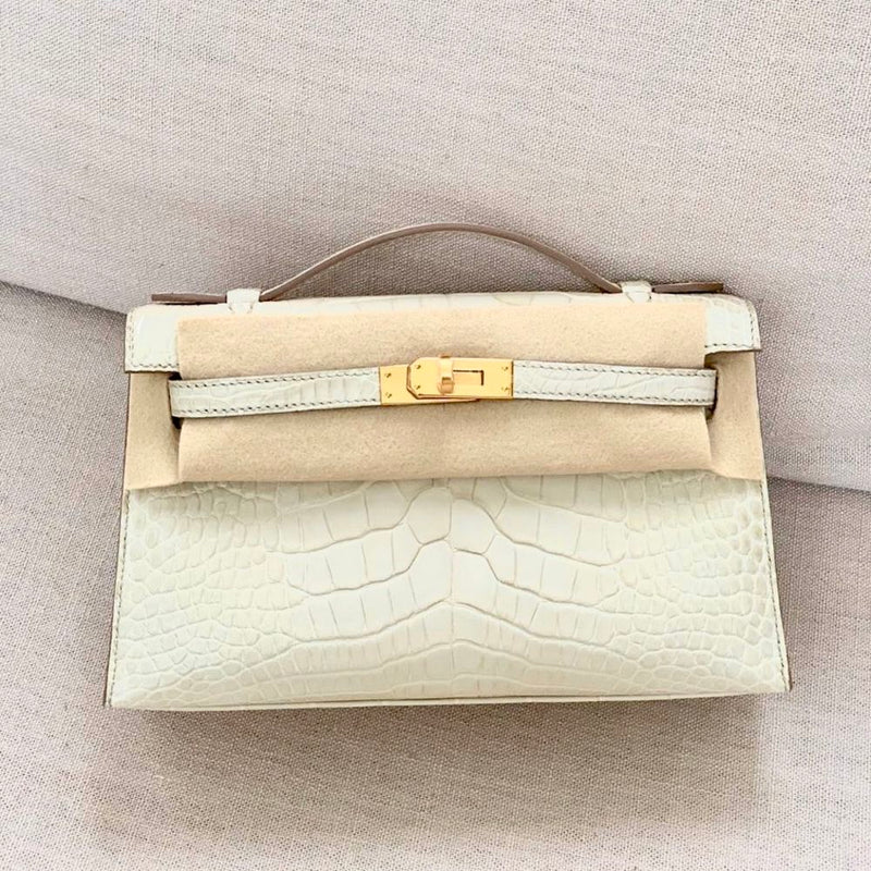 Hermès Kelly Pochette Beton Alligator Mississippi Matte Gold Hardware GHW