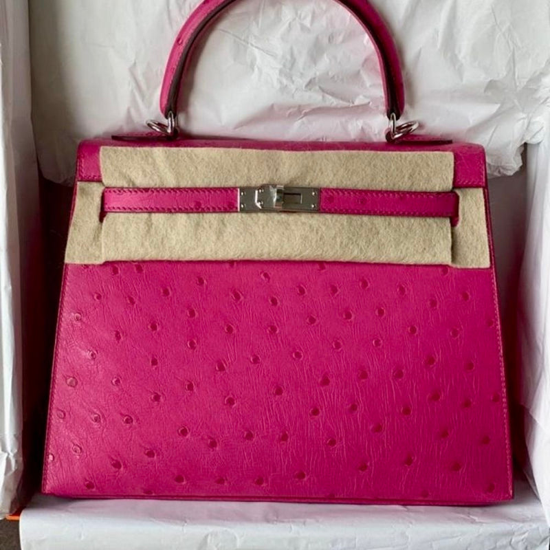 Hermès Kelly 25 Rose Tyrien Sellier Ostrich Palladium Hardware PHW