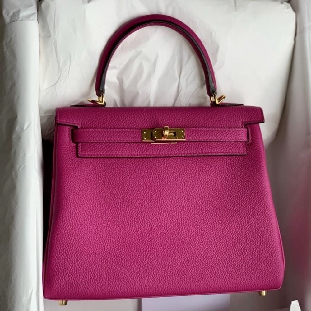 Hermes Kelly 25 Retourne Rose Pourpre Togo with gold plated hardware