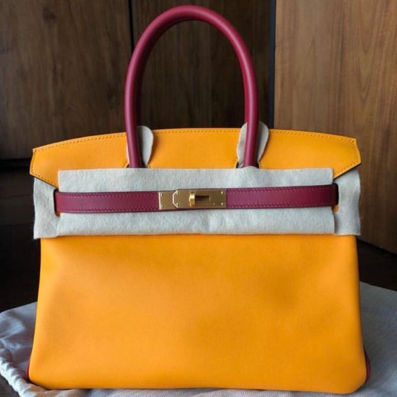 Hermès Birkin 30 Jaune d'Or/Rouge Grenat Swift Gold Hardware GHW