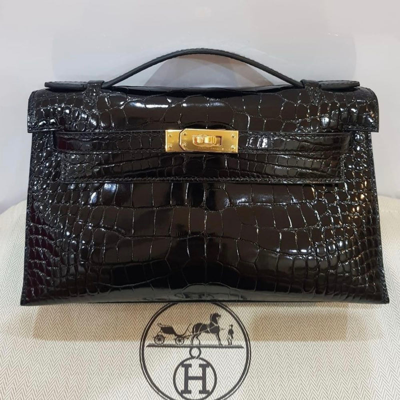 Hermès Kelly Pochette Noir (Black) Alligator Mississippi Lisse Gold Hardware GHW