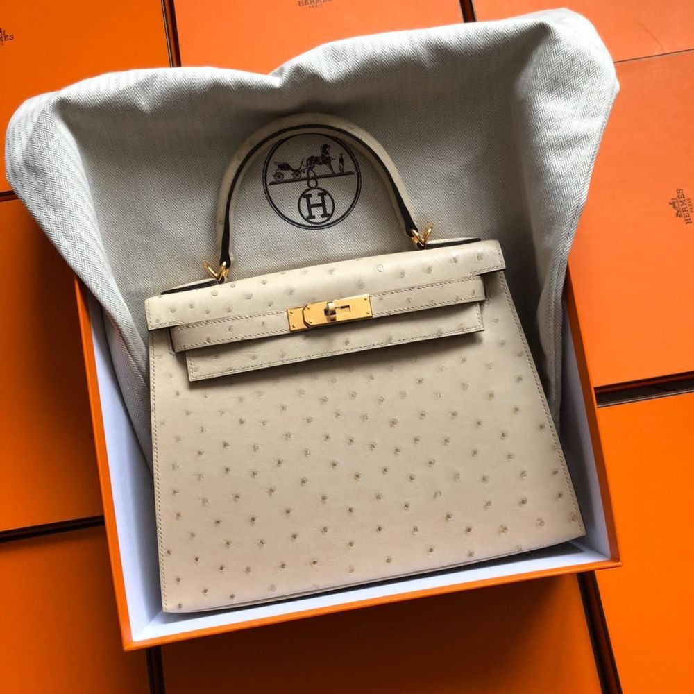 Hermès Kelly 28 Parchemin Sellier Ostrich Gold Hardware GHW