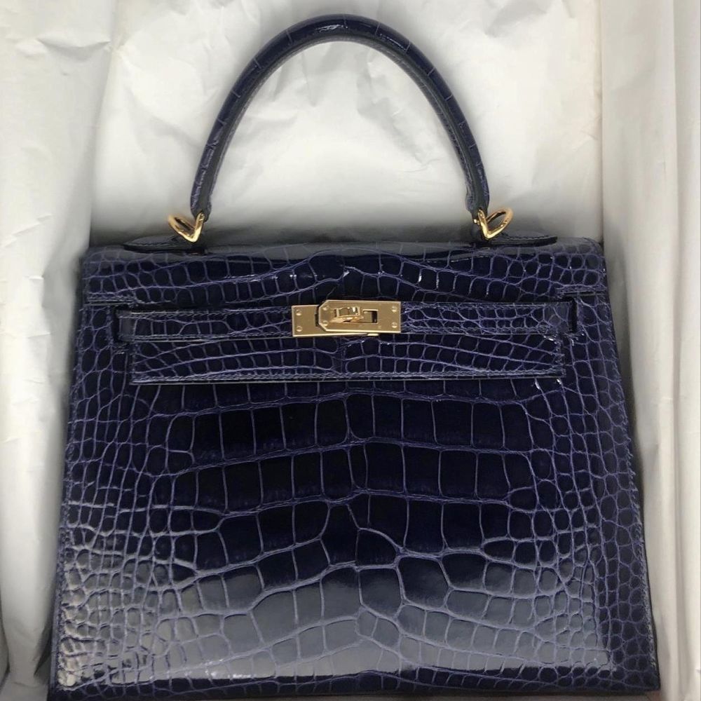 Hermès Kelly 25 Bleu Encre Sellier Alligator Mississippi Lisse Gold Hardware GHW