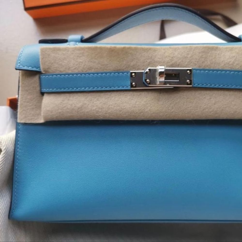 Hermes Blue Box Leather Palladium Hardware Kelly Pochette Bag