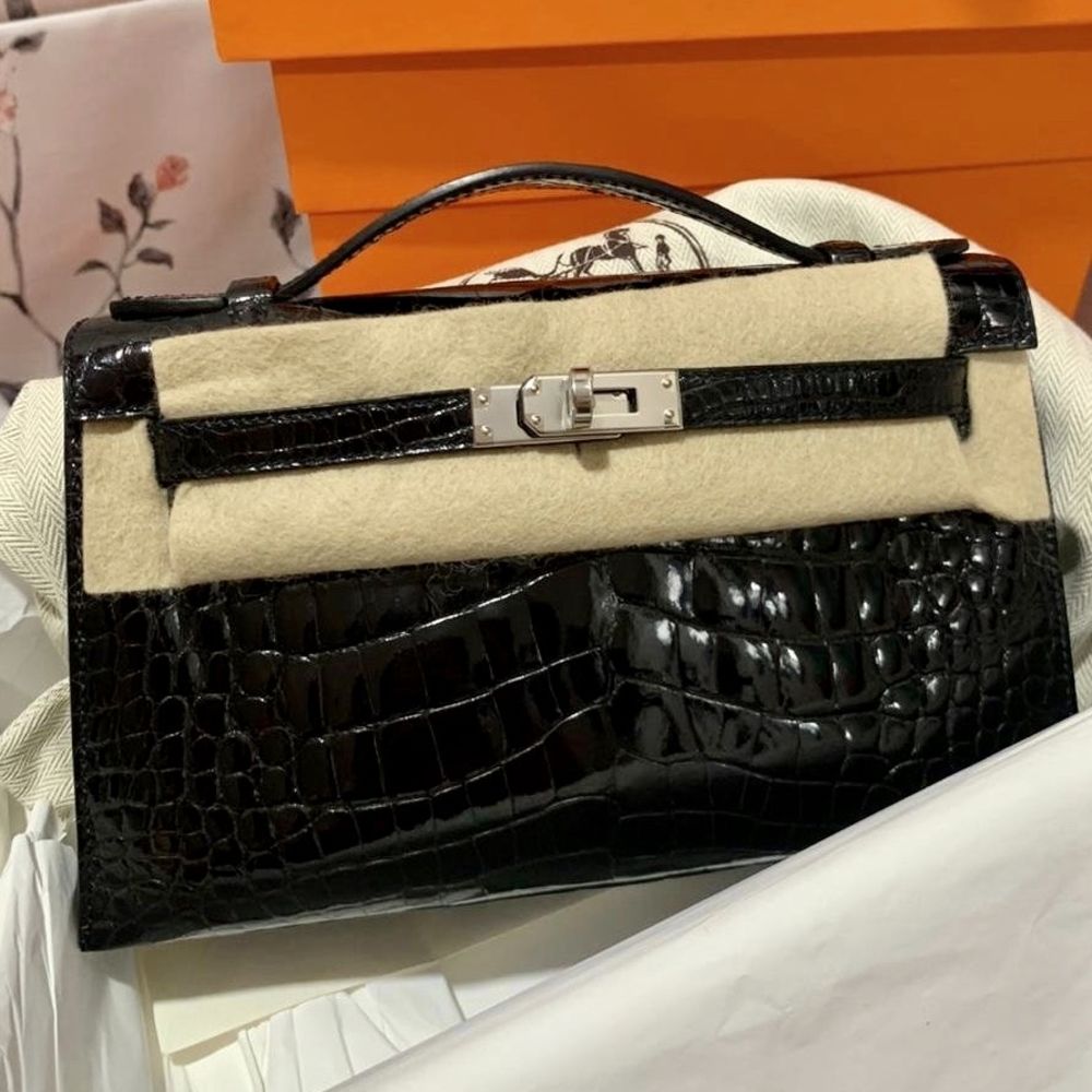 Hermès Kelly Pochette Noir (Black) Alligator Mississippi Lisse Palladium Hardware PHW