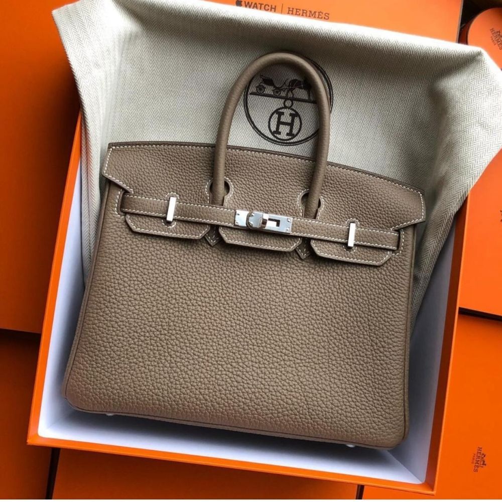 Authentic Hermes Birkin 25 Etoupe Togo Leather/Palladium Hardware