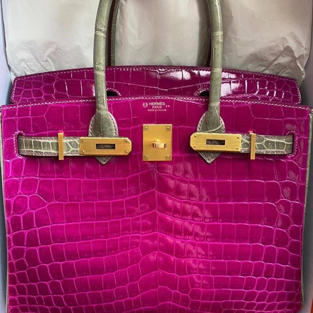 Hermès Birkin HSS 30 Rose Sheherazade/Gris Tourterelle Crocodile Niloticus Lisse Brushed Gold Hardware BGHW
