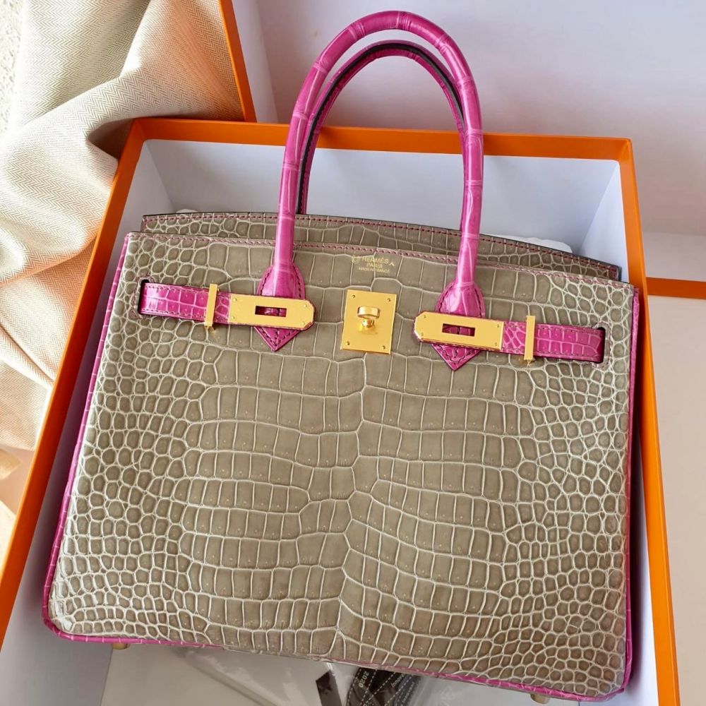 Hermès Birkin HSS 30 Gris Tourterelle/Rose Sheherazade Crocodile Porosus Lisse Gold Hardware GHW