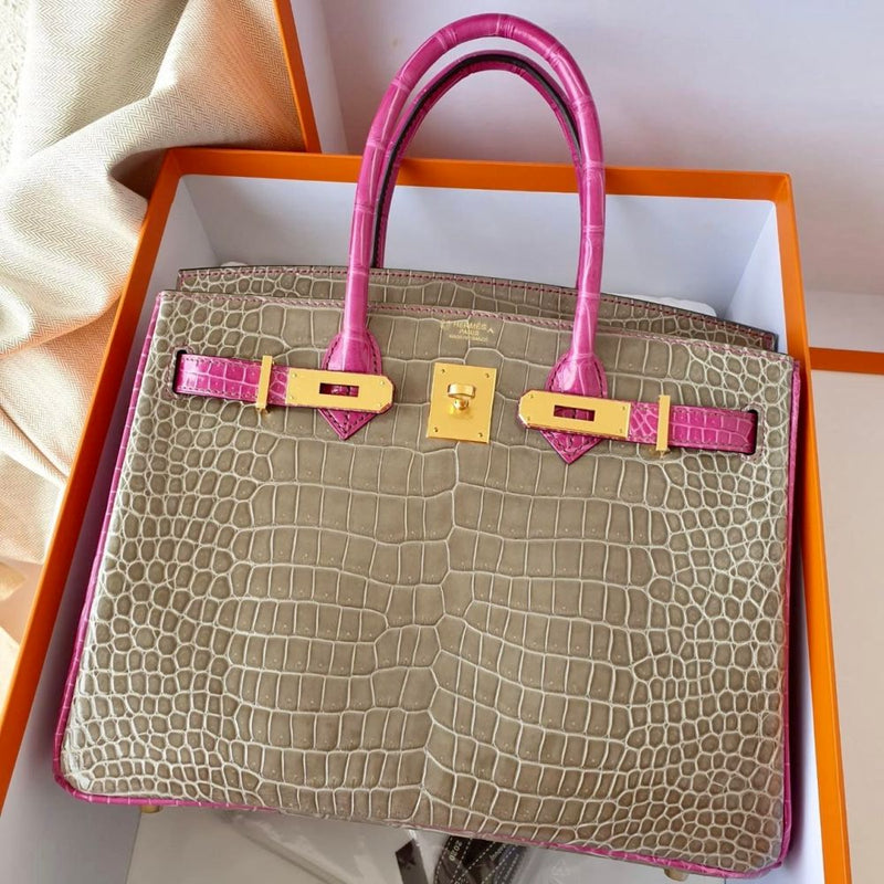 Hermès Birkin HSS 30 Gris Tourterelle/Rose Sheherazade Crocodile Porosus Lisse Gold Hardware GHW