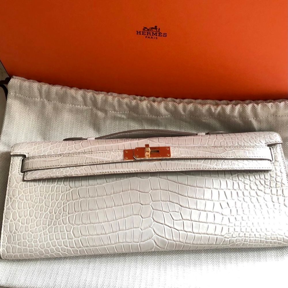 Hermès Kelly Cut Beton Crocodile Porosus Matte Gold Hardware GHW
