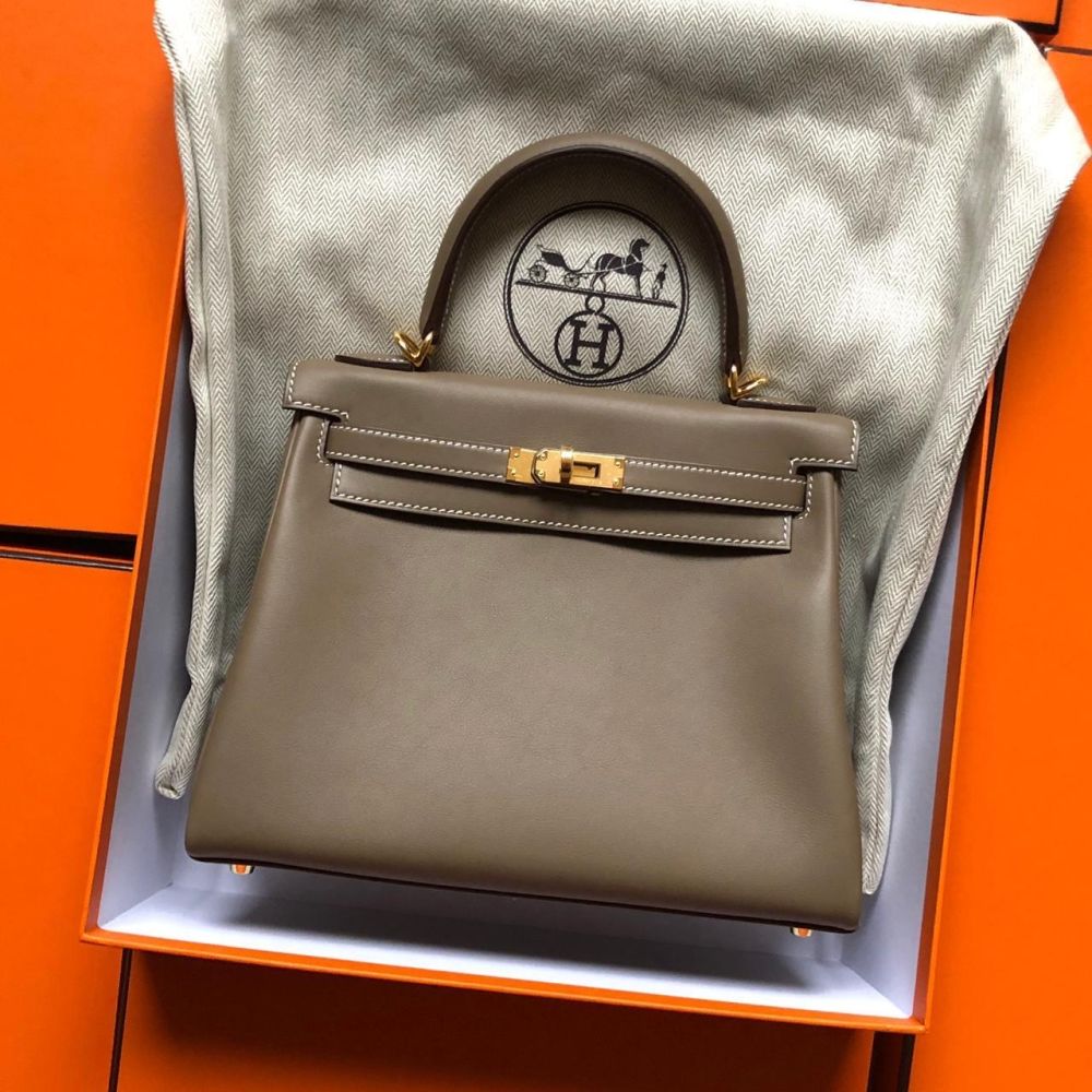 Hermes Kelly bag 25 Retourne Etoupe grey Togo leather Gold hardware