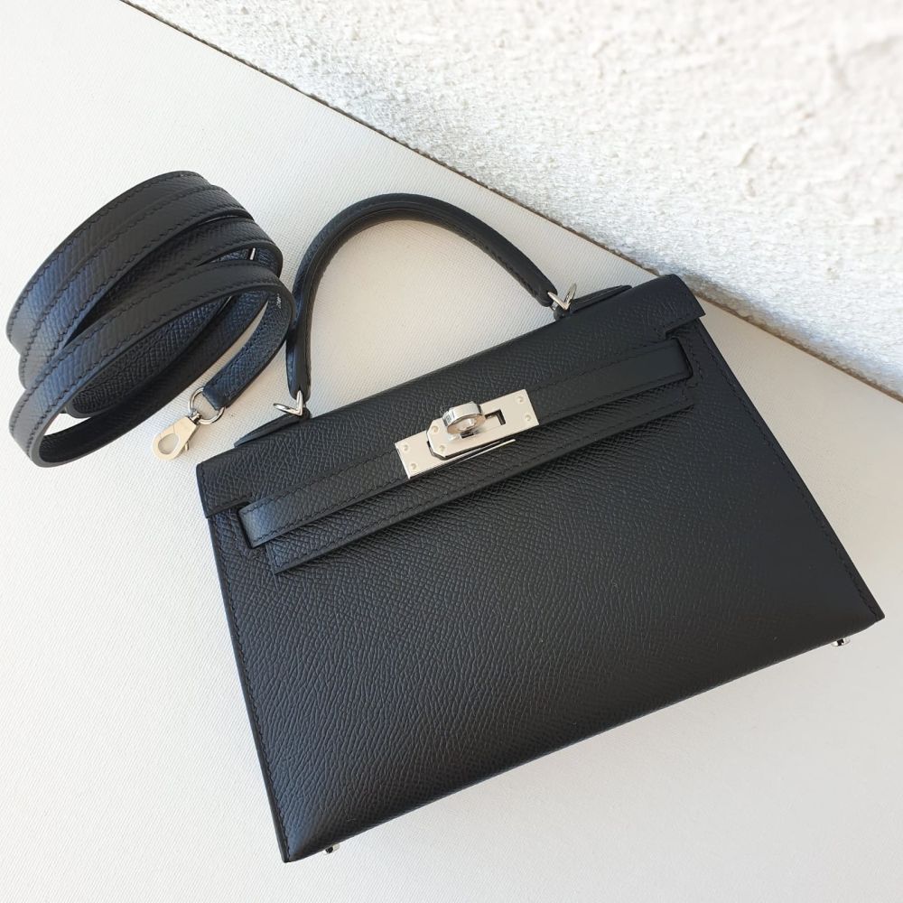 Hermès Kelly 20 Noir (Black) Sellier Epsom Palladium Hardware PHW