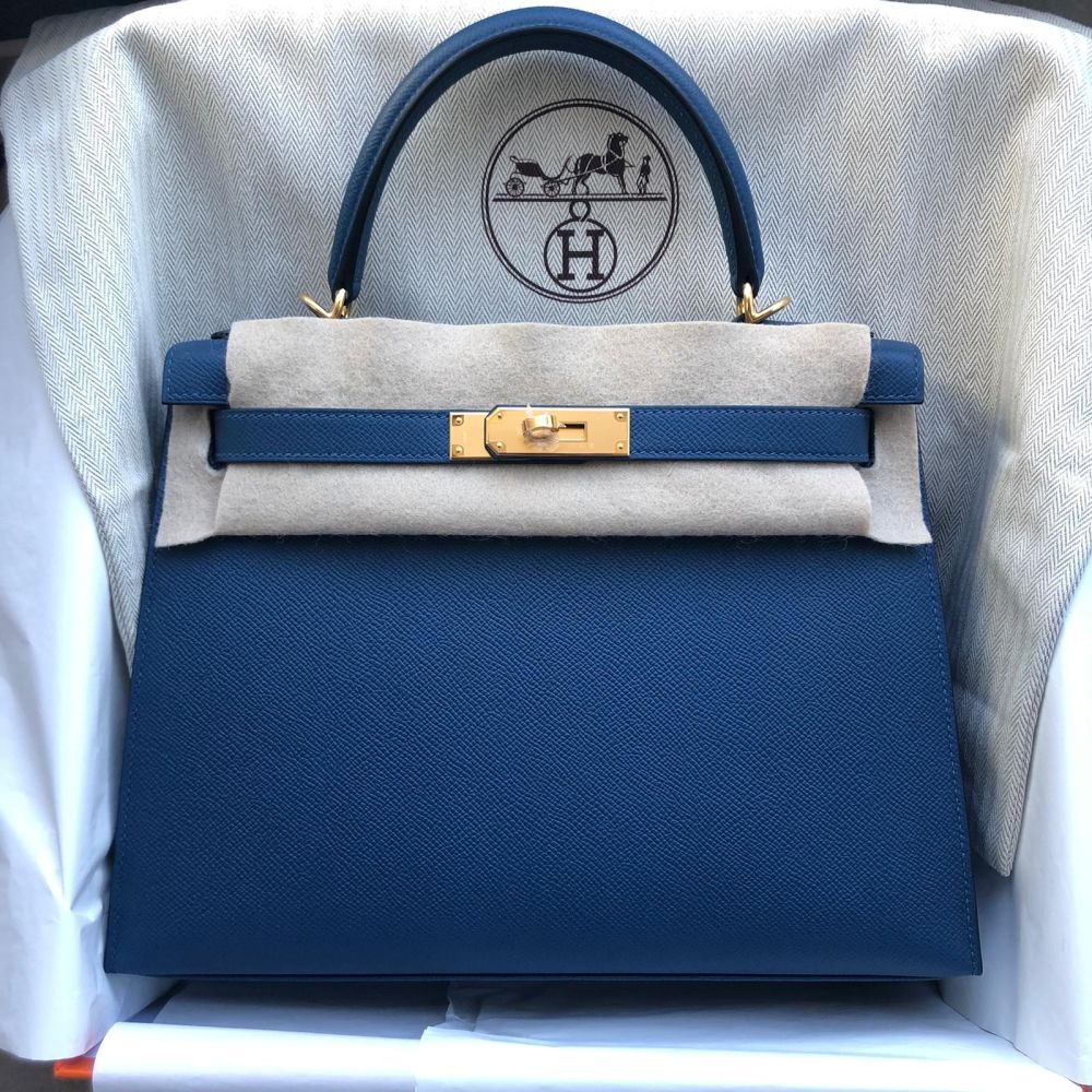 Hermes Personal Kelly bag 28 Sellier Blue electric/ Gris mouette Epsom  leather Matt gold hardware