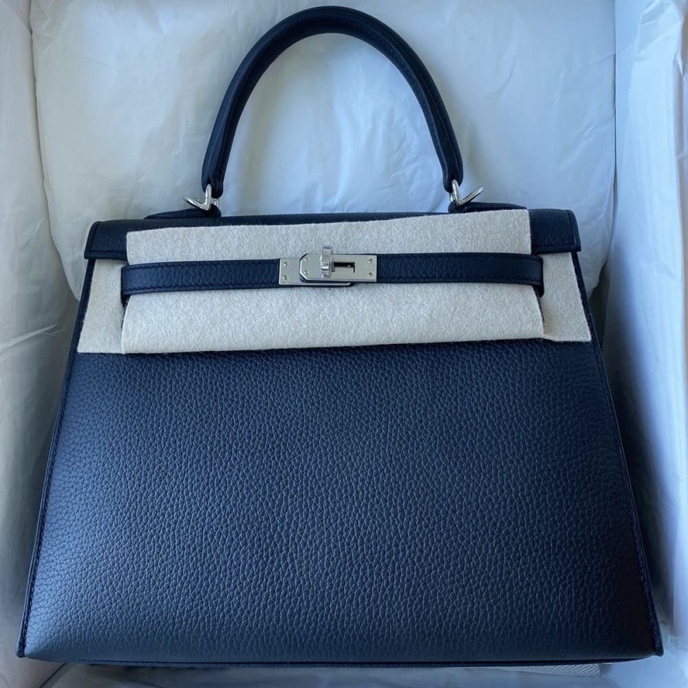 Hermès Kelly HSS 25 Noir (Black)/Bleu Electrique Sellier Togo Palladium Hardware PHW