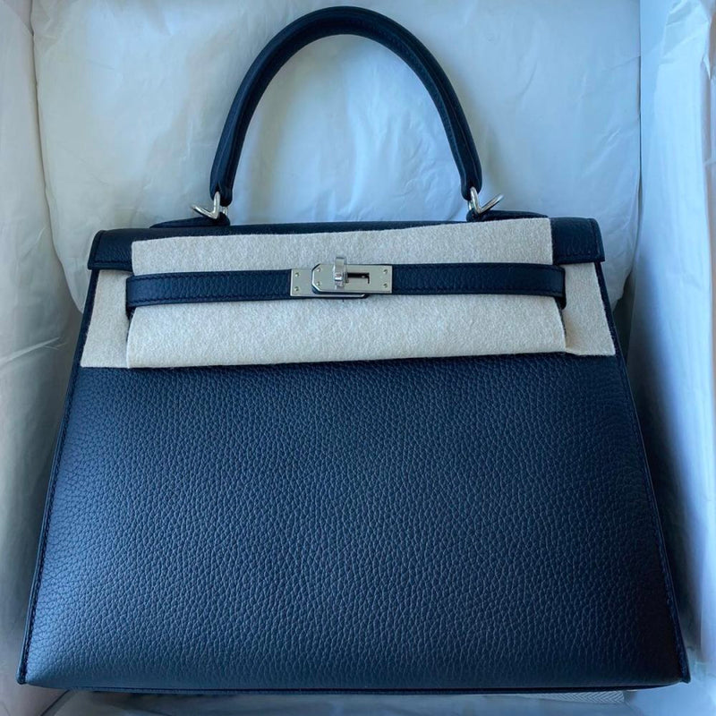 Hermès Kelly HSS 25 Noir (Black)/Bleu Electrique Sellier Togo Palladium Hardware PHW