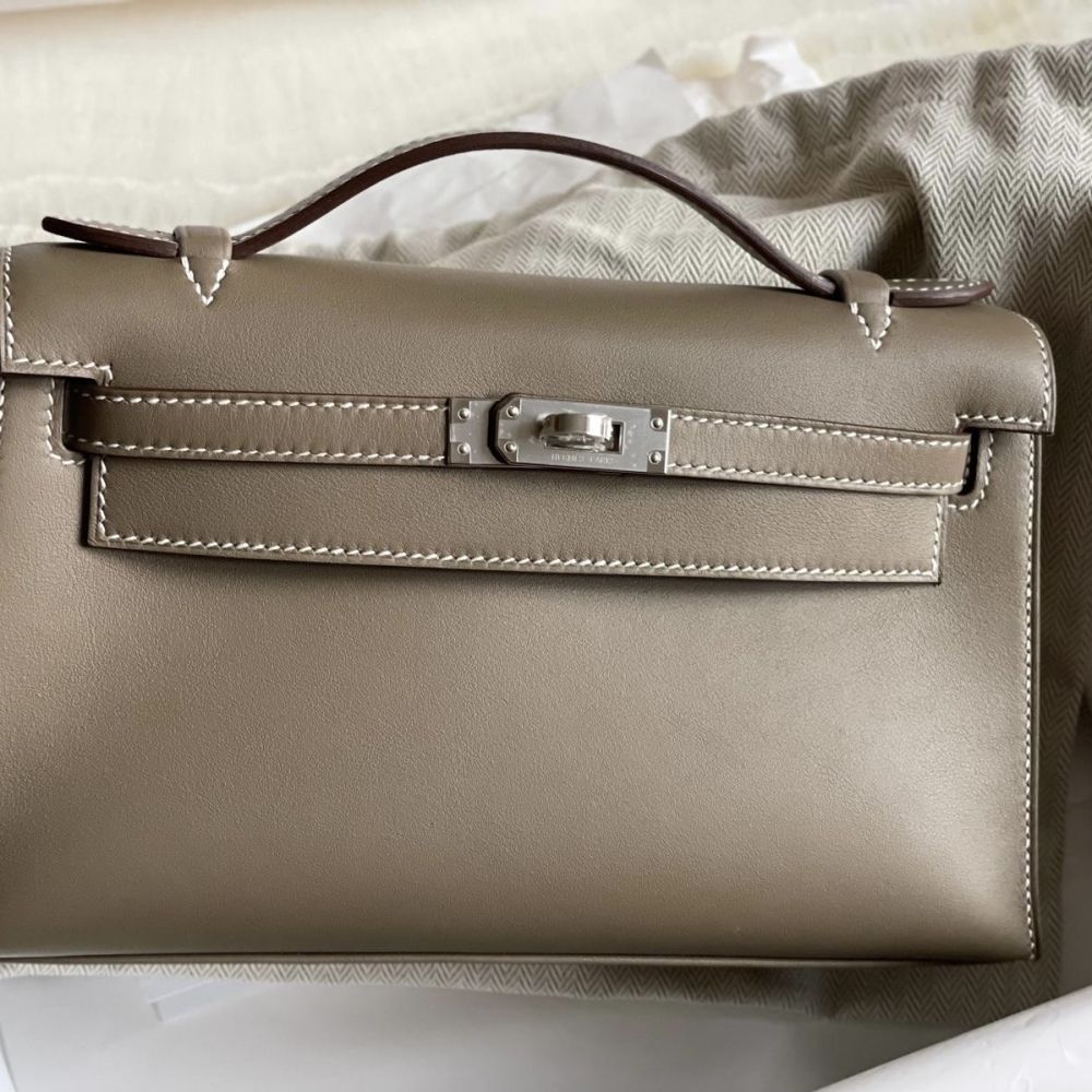 Hermès Kelly Pochette Etoupe Swift Palladium Hardware PHW