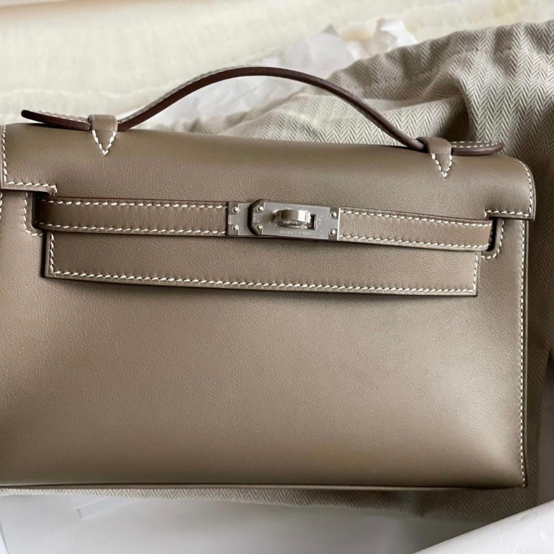 Hermès Kelly Pochette Etoupe Swift Palladium Hardware PHW
