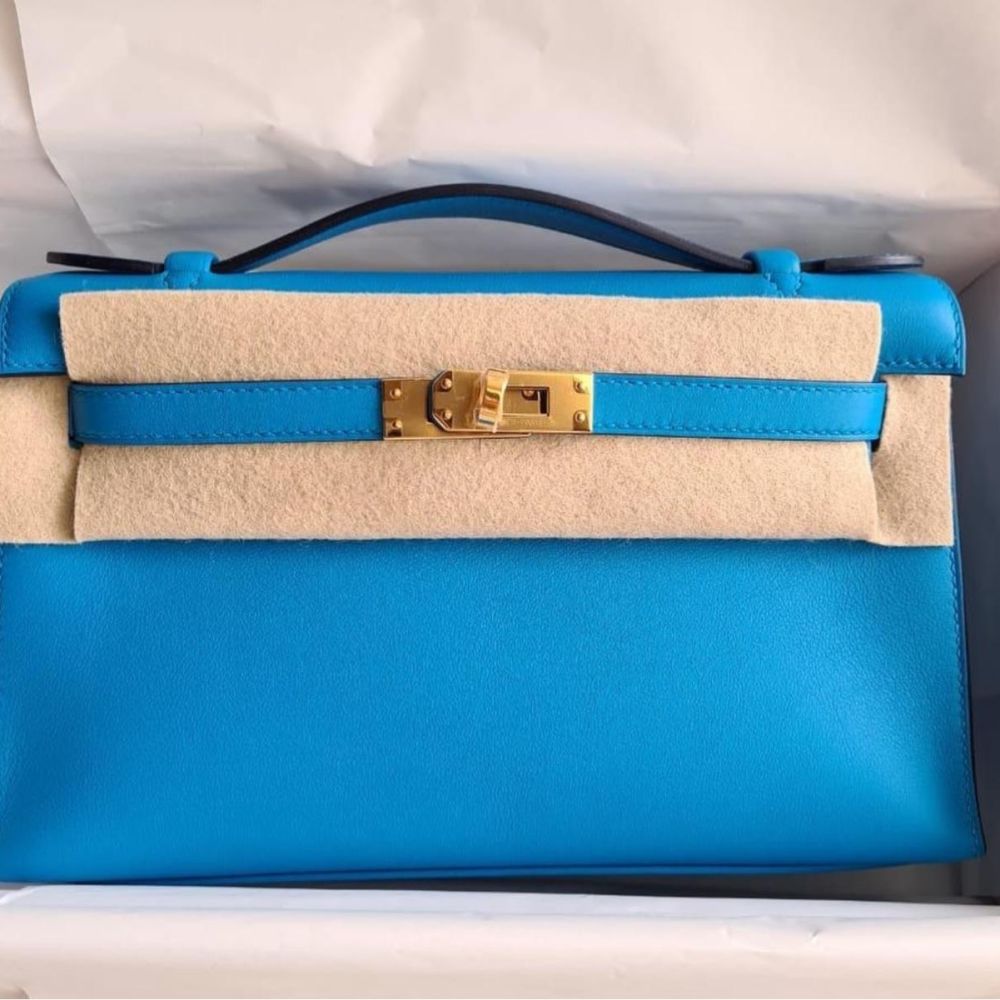 Hermes Blue Box Leather Palladium Hardware Kelly Pochette Bag