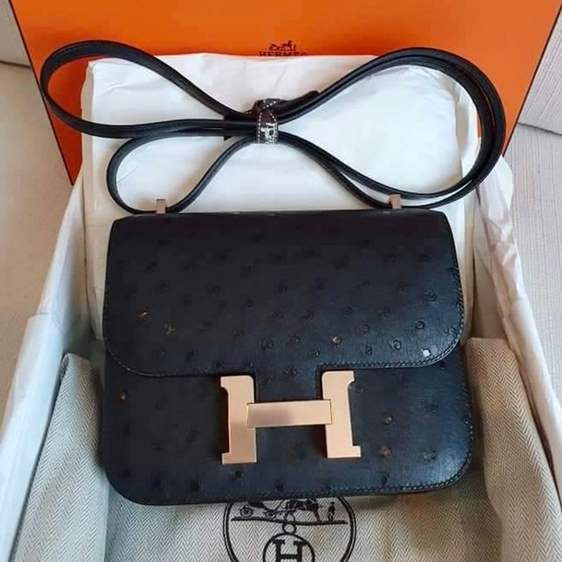 Hermès Constance 18 Noir (Black) Ostrich Rose Gold Hardware RGHW