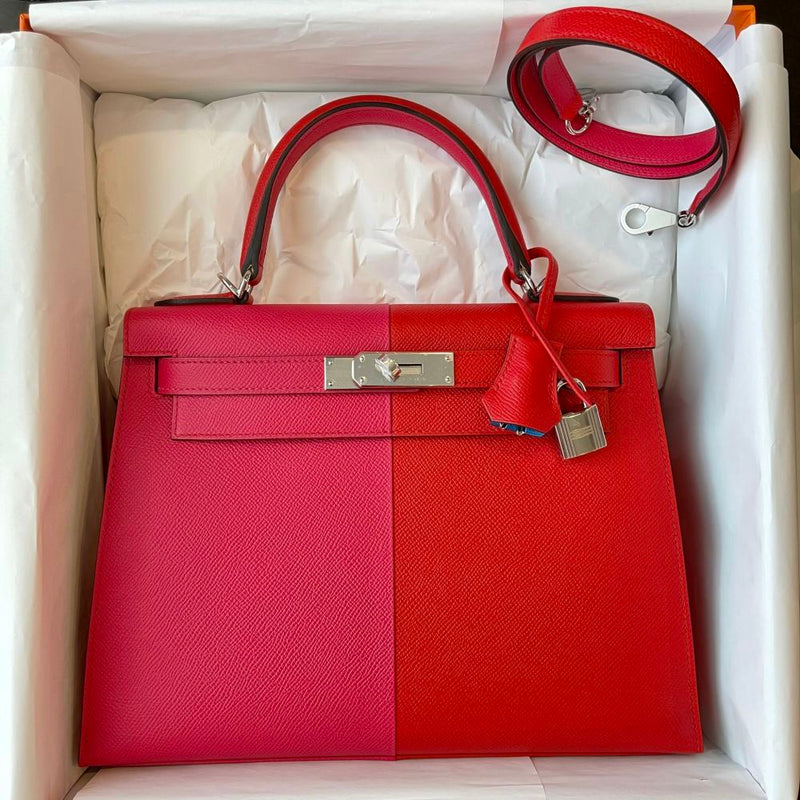 Hermès Kelly Limited Edition 28 Rouge de Coeur/Rose Extreme/Bleu Zanzibar Sellier Tricolor Epsom Palladium Hardware PHW