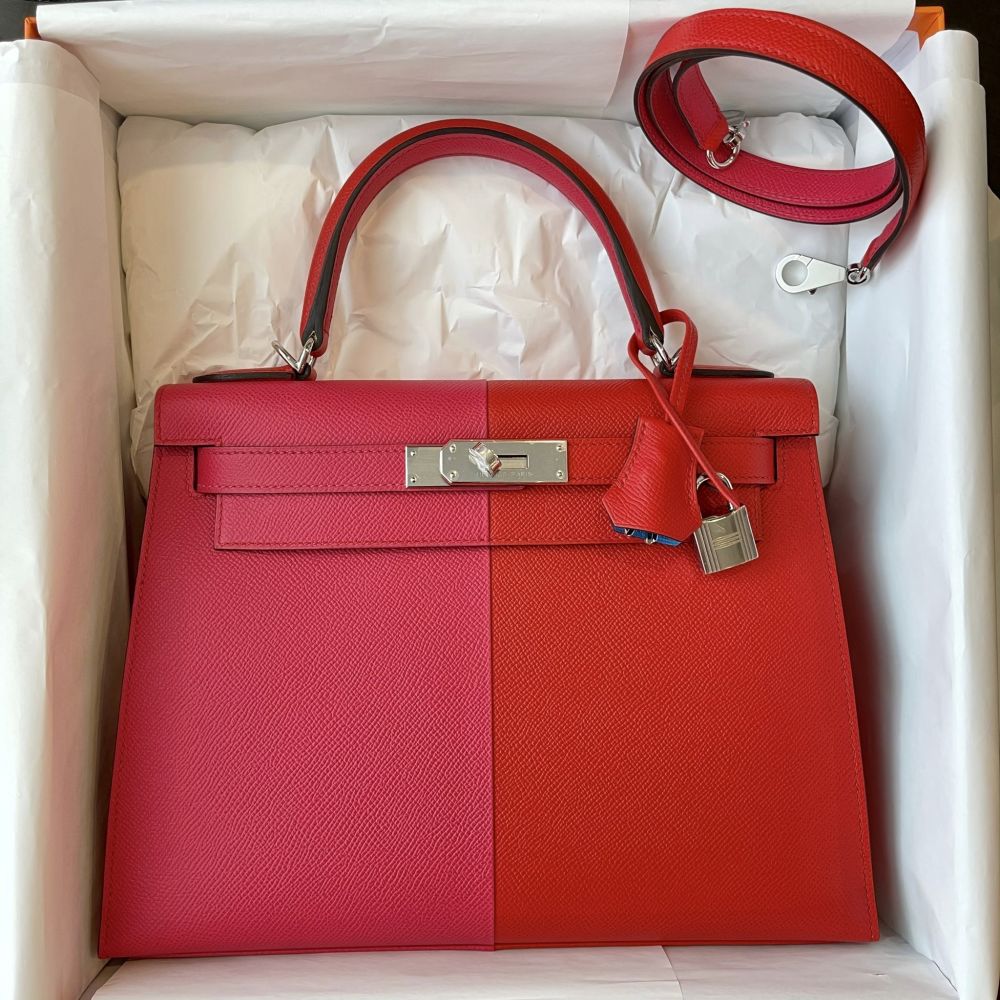 Hermès Kelly Limited Edition 28 Rouge de Coeur/Rose Extreme/Bleu Zanzibar Sellier Tricolor Epsom Palladium Hardware PHW
