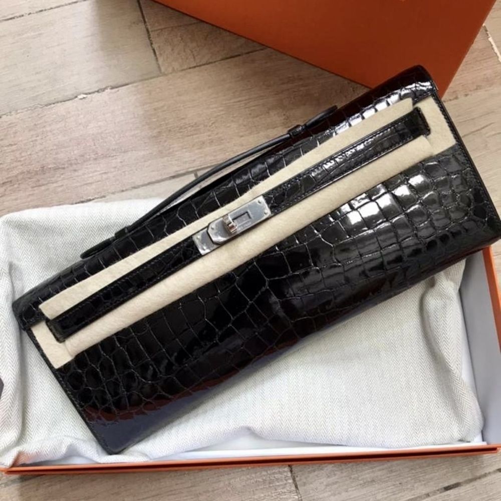Hermès Kelly Cut Noir (Black) Crocodile Niloticus Lisse Palladium Hardware PHW