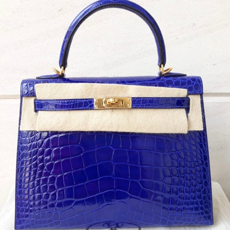 Hermès Kelly 25 Bleu Electrique Sellier Alligator Mississippi Lisse Gold Hardware GHW