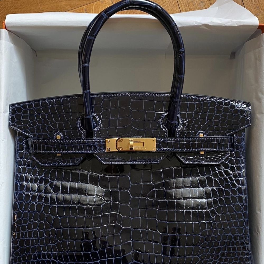 Hermes 30cm Shiny Black Porosus Crocodile Birkin Bag with Gold