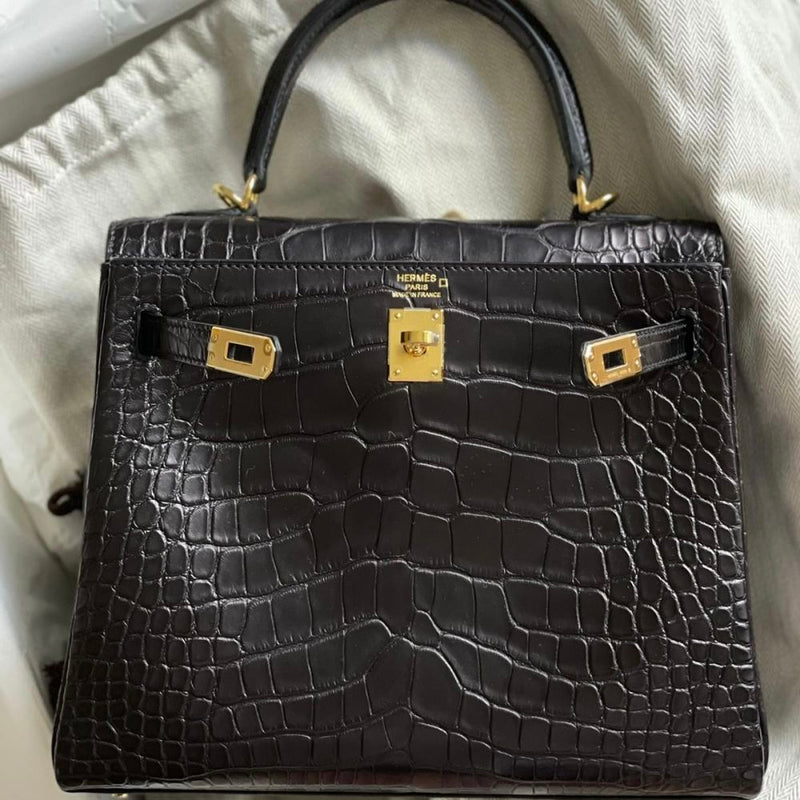 Hermès Kelly 25 Noir (Black) Alligator Mississippi Matte Gold Hardware GHW