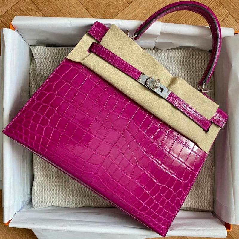 Hermès Kelly 25 Rose Pourpre Sellier Crocodile Niloticus Lisse Palladium Hardware PHW