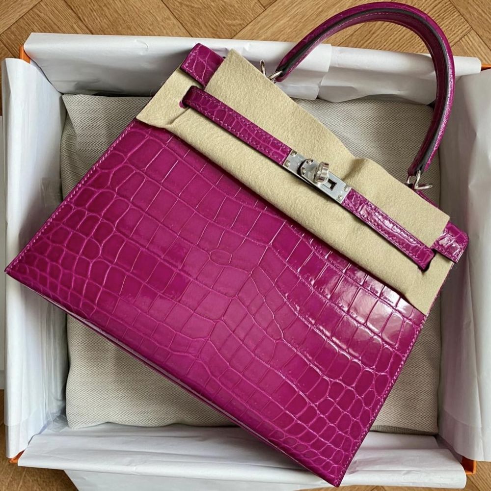 Hermes Kelly 25 Bag Sellier Rose Pourpre Crocodile Palladium Hardware •  MIGHTYCHIC • 