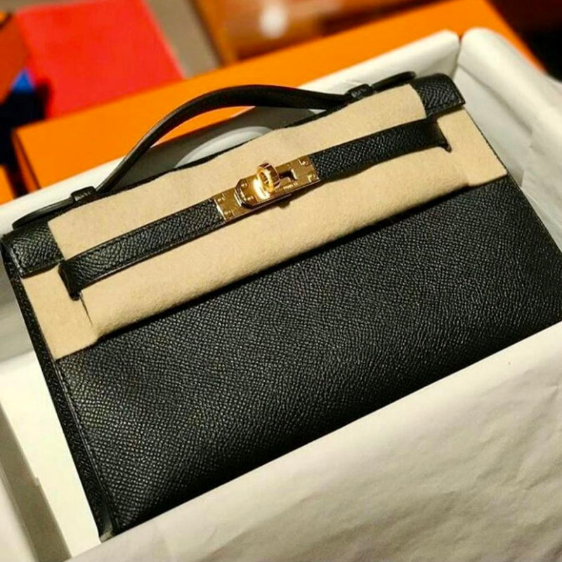 Hermès Kelly Pochette Noir (Black) Epsom Gold Hardware GHW