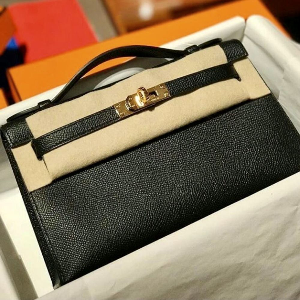 Hermes Kelly Mini Pochette Bag Epsom Leather Gold Hardware In Black