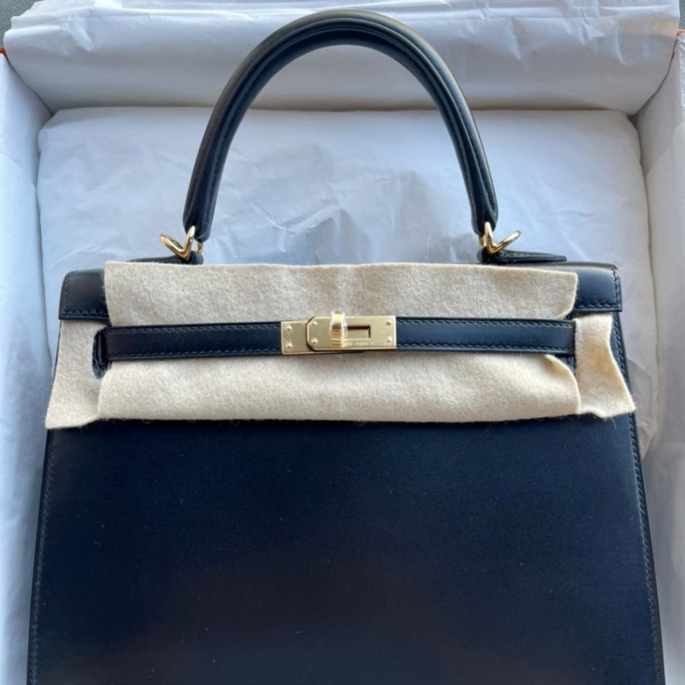 Hermes 32cm Ebene Tadelakt Leather Sellier Kelly Bag with Gold