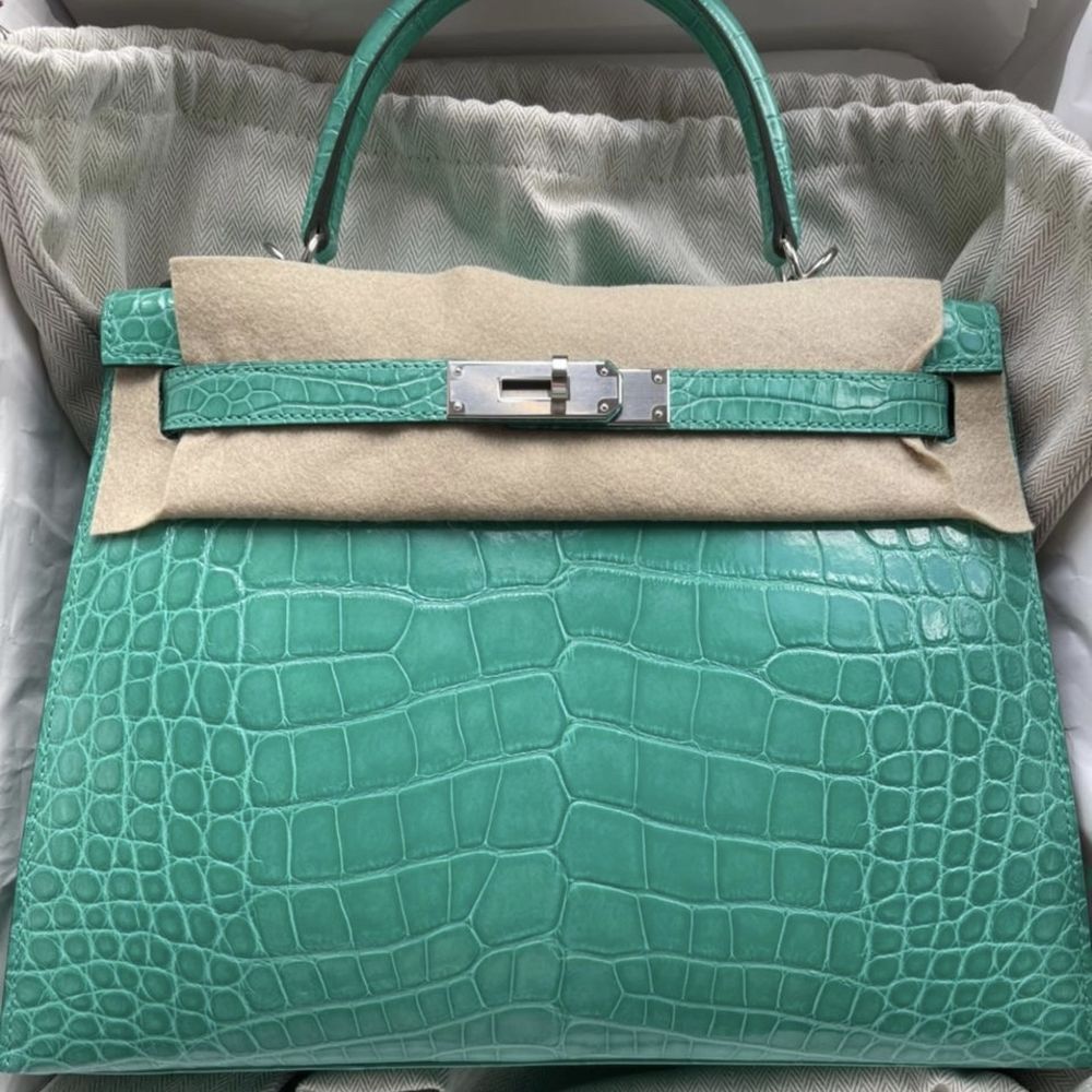 Hermès Kelly 28 Vert Jade Sellier Alligator Mississippi Lisse Palladium Hardware PHW