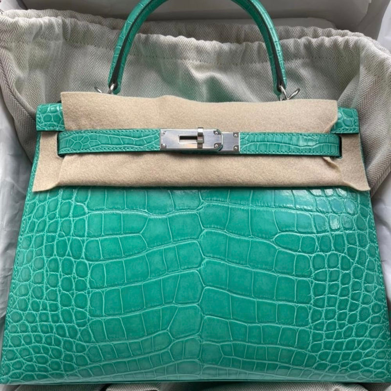 Hermès Kelly 28 Vert Jade Sellier Alligator Mississippi Lisse Palladium Hardware PHW