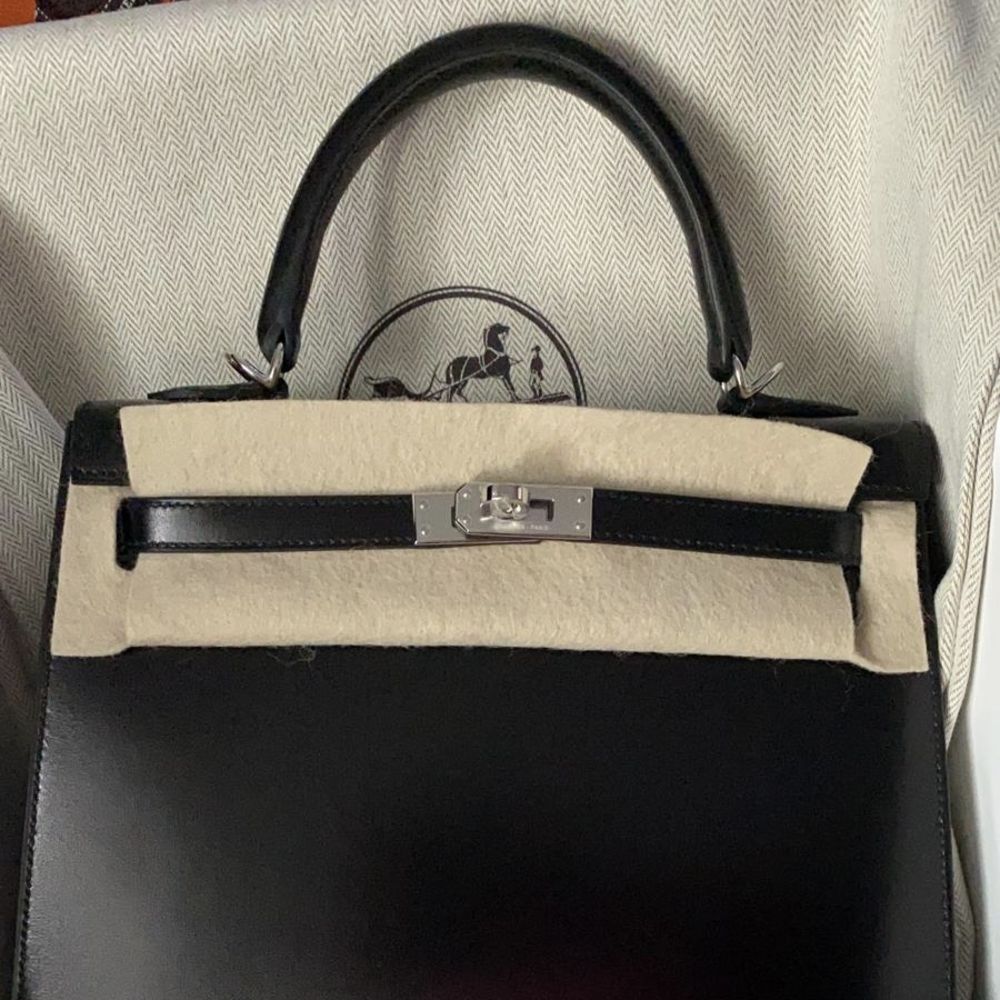 Hermès Kelly 25 Noir (Black) Sellier Box Palladium Hardware PHW