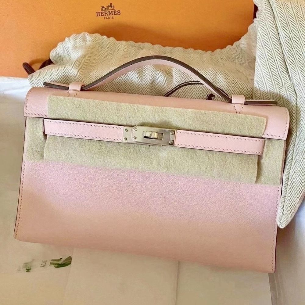 Hermès Kelly Pochette Rose Sakura Swift Palladium Hardware PHW