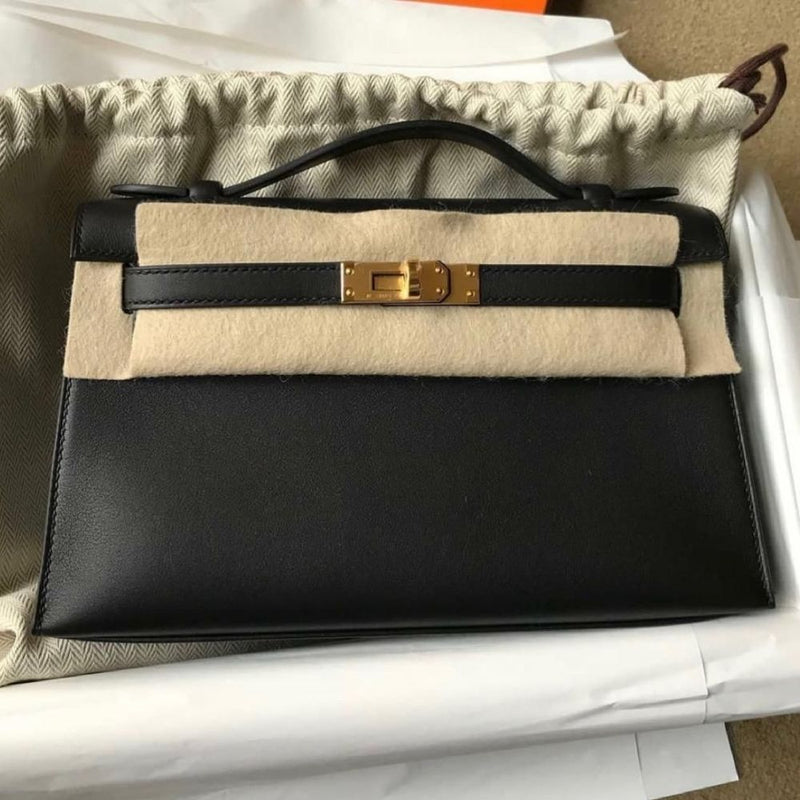 Hermès Kelly Pochette Noir (Black) Swift Gold Hardware GHW