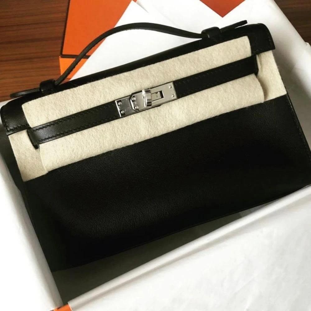 Hermès Kelly Pochette Noir (Black) Swift Palladium Hardware PHW