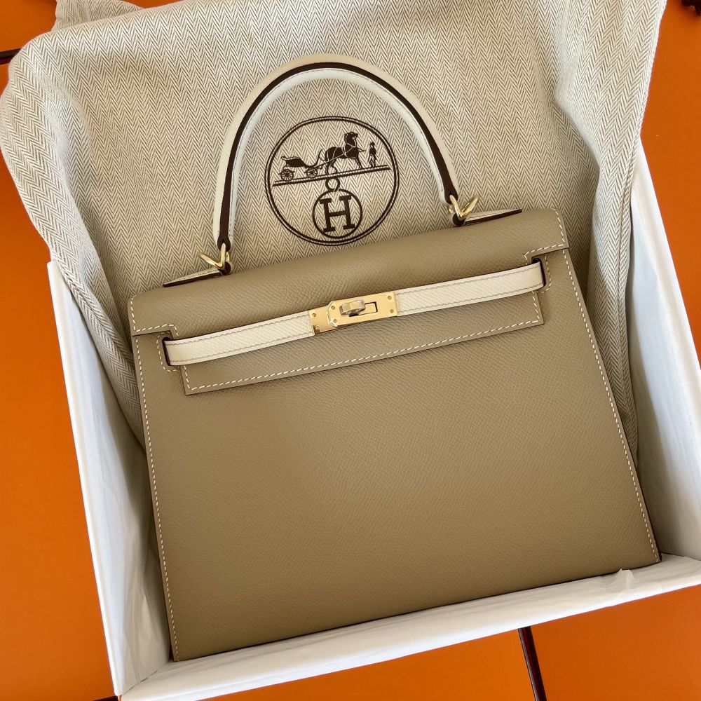 Hermes Kelly HSS 20 Sellier Craie / Etoupe Mini Bag Gold Epsom