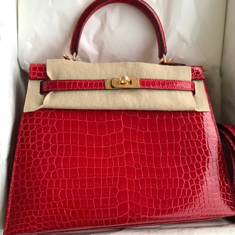 Hermès Kelly 25 Braise Sellier Crocodile Porosus Lisse Gold Hardware GHW