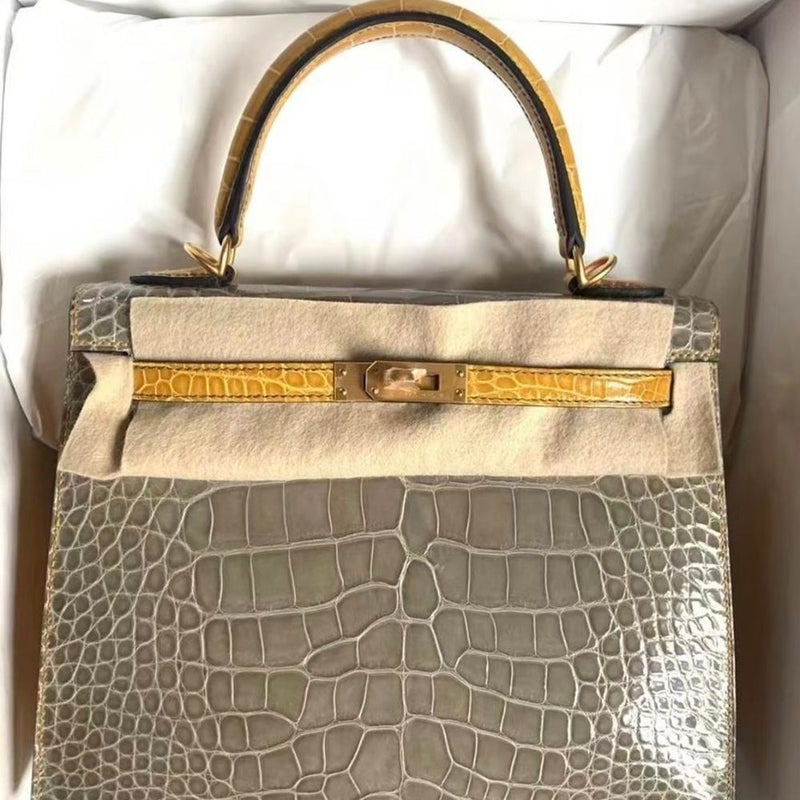 Hermès Kelly HSS 25 Gris Tourterelle/Jaune Ambre Sellier Alligator Mississippi Lisse Gold Hardware GHW