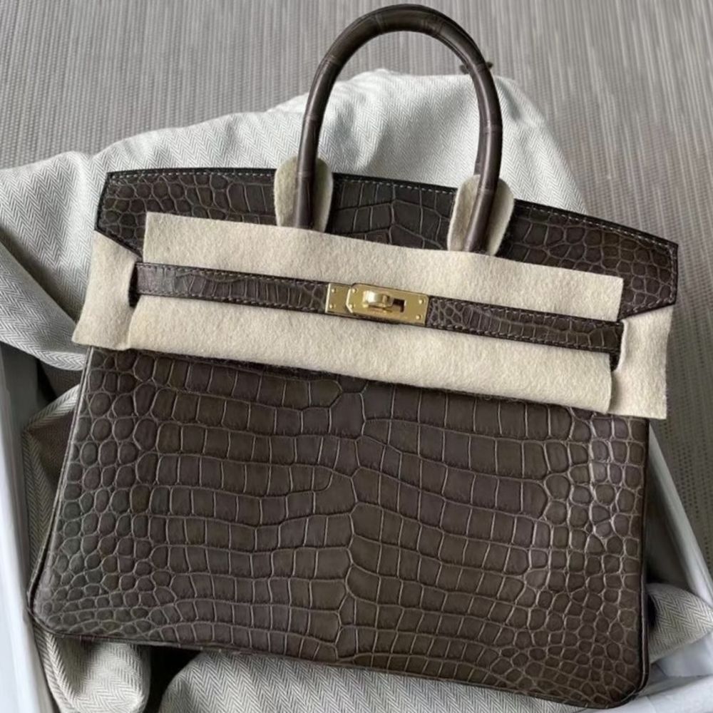 Hermès Birkin 25 Gris Elephant Crocodile Porosus Matte Gold Hardware GHW