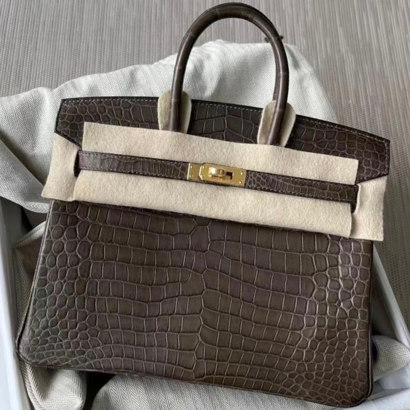 Hermès Birkin 25 Gris Elephant Crocodile Porosus Matte Gold Hardware GHW