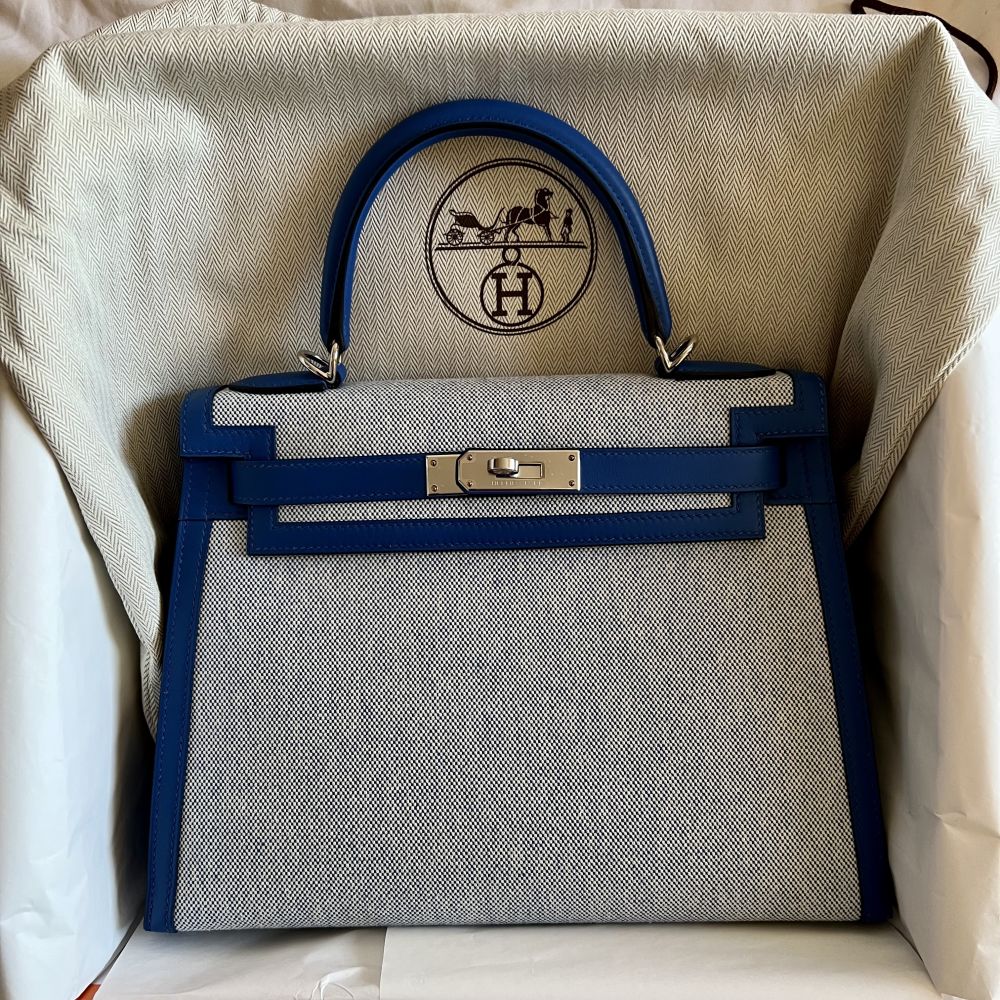 Hermès Kelly Limited Edition 28 Bleu France Swift Toile Palladium Hardware PHW