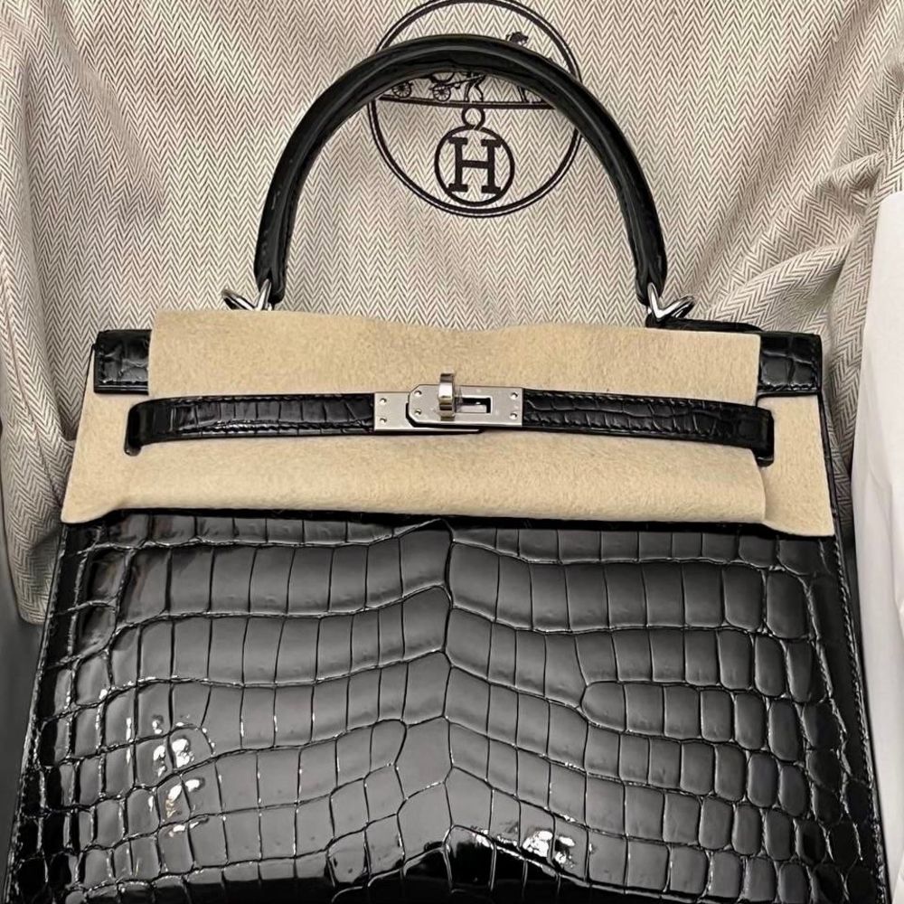 Hermès Kelly 25 Noir (Black) Sellier Crocodile Niloticus Lisse Palladium Hardware PHW